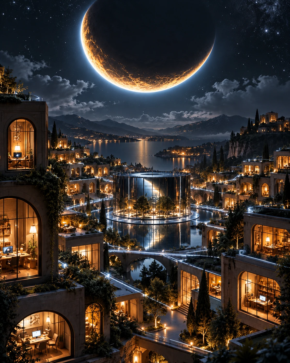 A warm eclipse over homes and workspaces connected through a distributed network