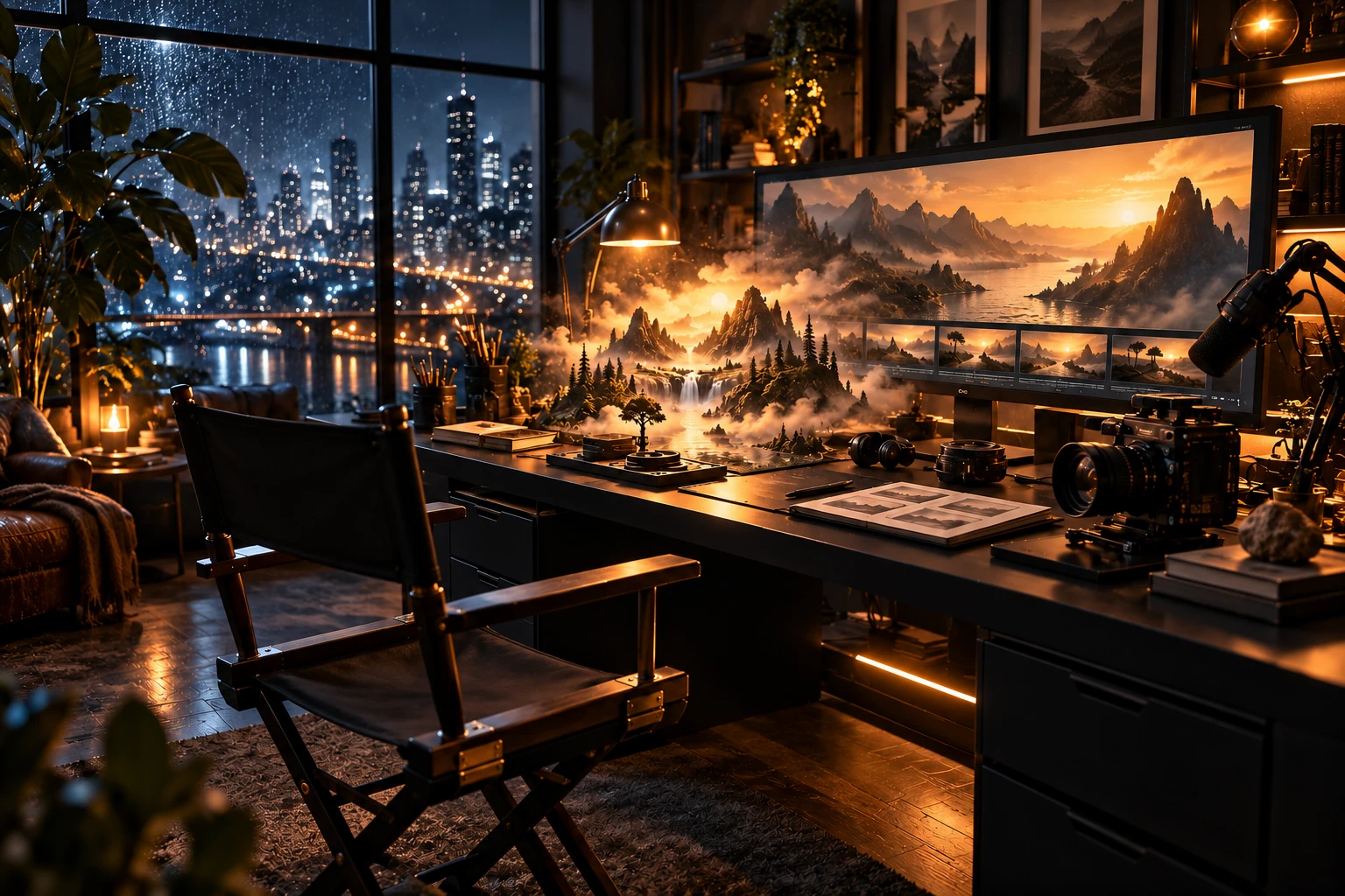 Cinematic creative workspace where a story landscape takes shape above the desk