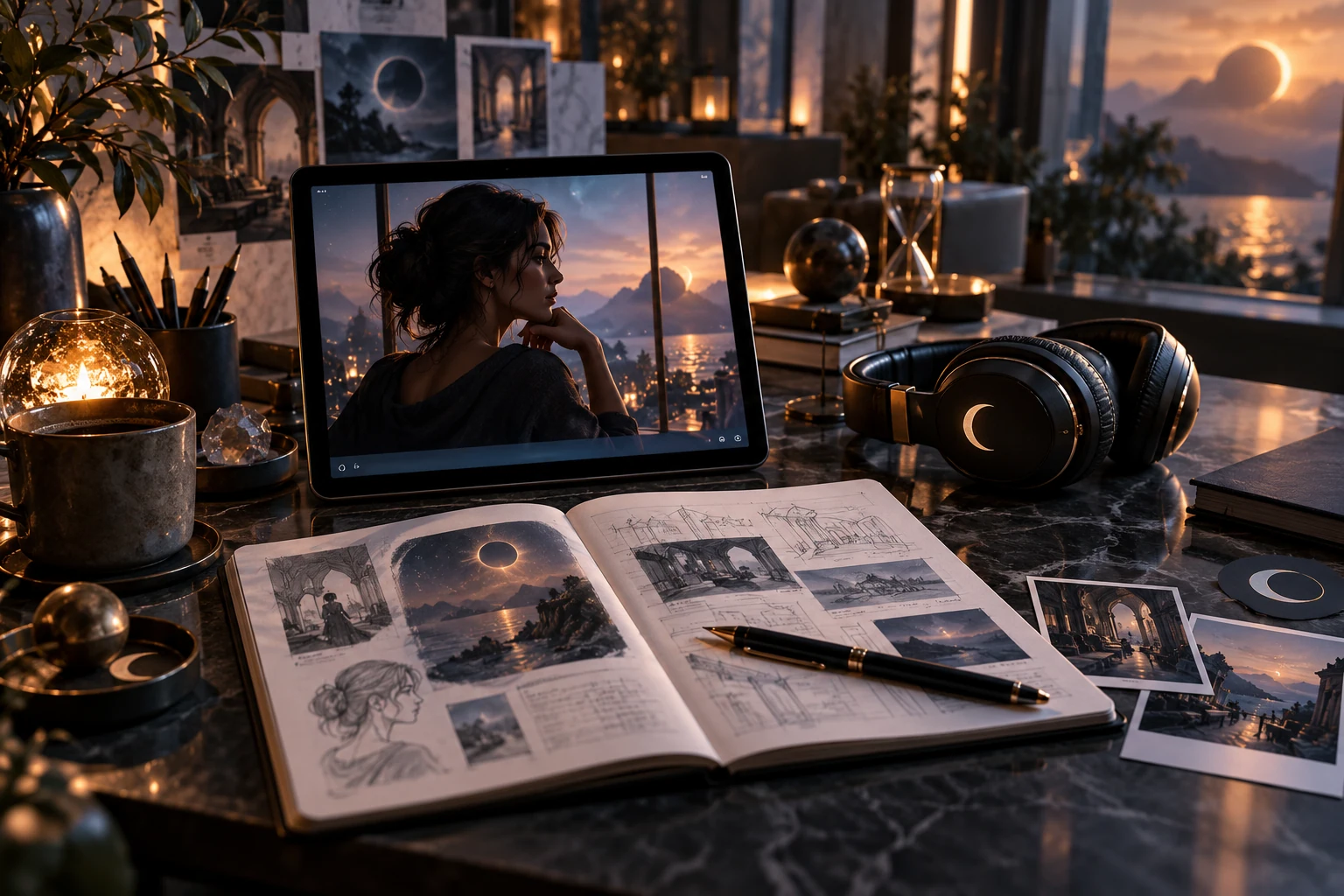 A quiet creative workspace with a journal, headphones and an agent interface